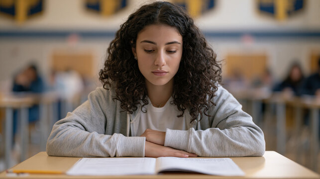 High school junior sitting rigid at standardized examination desk, test booklet sealed before her, gymnasium silent except for clock ticking, September testing season, college admissions anxiety, ac