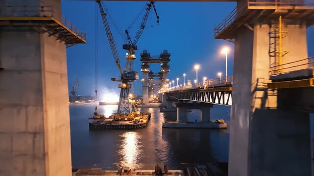 Partially Constructed Bridge Illuminated at Night, Showcasing Grand Infrastructure Development and Engineering Prowess