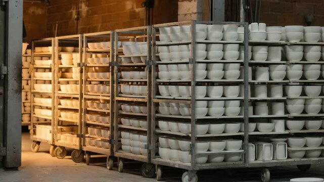 Highdensity stacking method captured in medium shot with multiple layers of porcelain bowls arranged on carts entering the kiln for optimal space use.