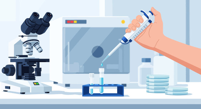Scientist injecting sample into microscope slide in laboratory setting with equipment