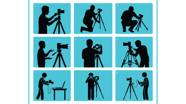 Diverse silhouette illustrations showcase various camera and tripod setups for filmmaking and photography