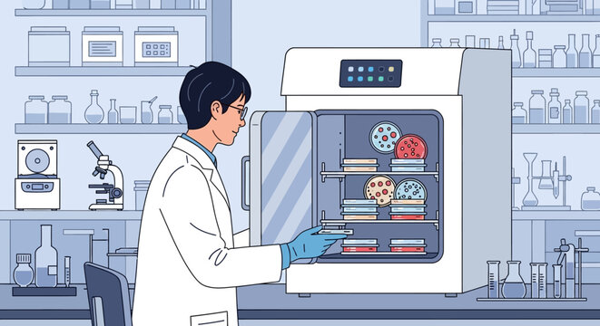 Scientist in lab coat opening an incubator with various petri dishes inside a laboratory.