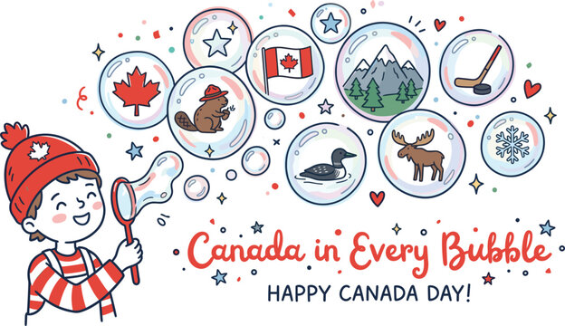 Canada Day celebration vector illustration, cute boy blowing bubbles with Canadian symbols, maple leaf and beaver icons, national holiday greeting isolated on White Background