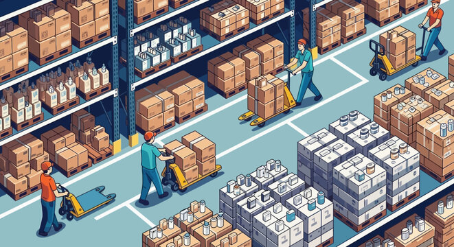 Workers unload boxes from warehouse shelves using pallet jacks