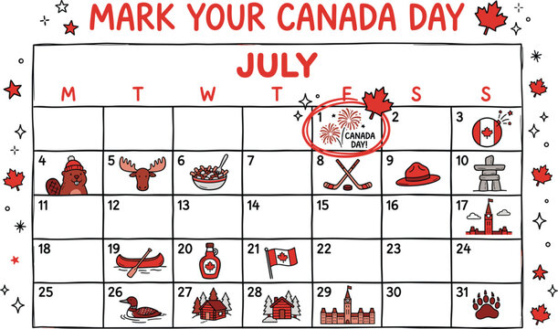 Canada Day July Calendar Vector, Hand Drawn Canadian Holiday Planner with Maple Leaf Icons, Red and White National Celebration Event Schedule isolated on White Background