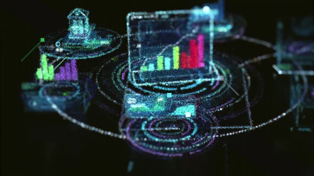 Abstract 3D render of a glowing particle point cloud forming analytics charts and a digital dashboard interface. Futuristic visualization of big data and technology network.