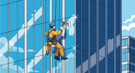 Window Cleaner Working on Skyscraper Vector Illustration © Kosong