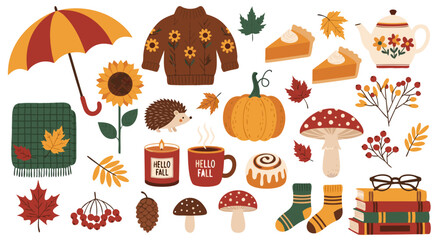 Obraz premium Fall season vector illustration featuring cozy elements like pumpkins, sweaters, pies, and leaves