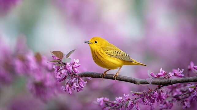 Bird Photography, Beautiful Yellow warbler in a purple flowering tree, Photorealistic, hyperrealism, Setophaga Petechia, stunning, Award-winning photography, Bokeh