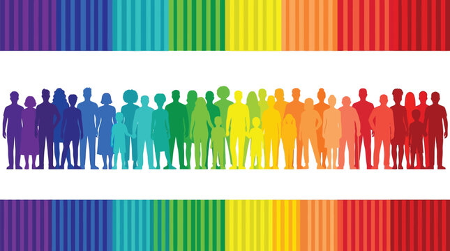 Diverse group of people silhouettes illustrated in vibrant rainbow gradient colors