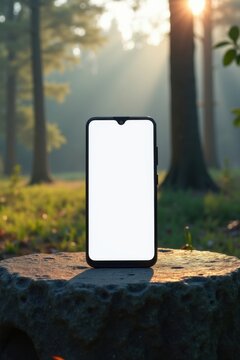 Maqueta de smartphone al aire libre en la naturaleza, colocada sobre piedra, fondo de bosque