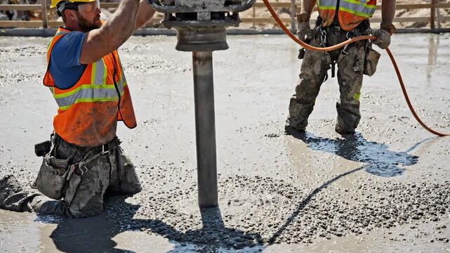 Construction workers operating a large-scale concrete vibrator on a wet job site, ensuring proper hardening and quality.