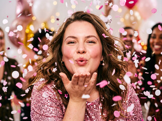 Obraz premium Happy woman blowing pink confetti in air celebrating birthday party with friends in studio.