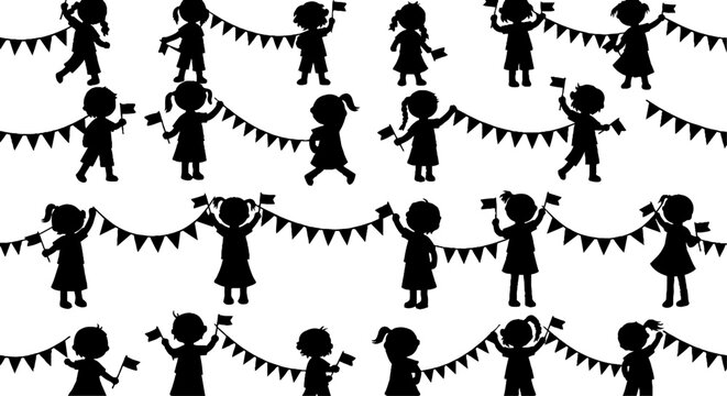 Children holding festive bunting and flags seamless pattern