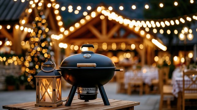 Outdoor evening barbecue setup with string lights and a lantern on a wooden table