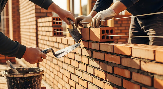 Closeup of bricklayers hands working on a brick wall construction site