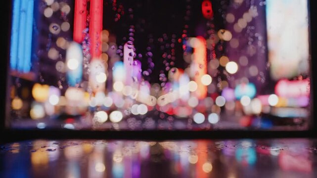 City lights reflecting on wet surface, creating a beautiful bokeh effect at night.