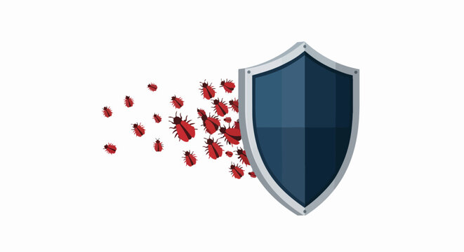 Cybersecurity Concept: Shield Protecting Against a Swarm of Malware Viruses and Digital Bugs
