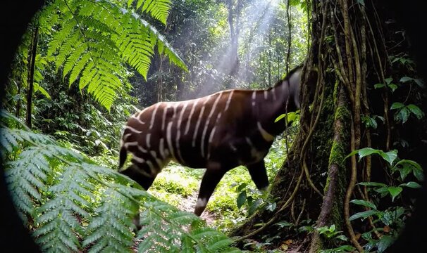 Elusive Okapi With Striking Stripes Discovered Hiding in Dense Forest Undergrowth by Hidden Camera
