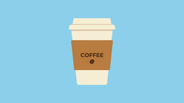 A simple, stylized flat illustration of a disposable coffee cup with a brown band labeled 'COFFEE' on a solid blue background, representing a common beverage