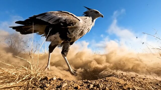 Secretary Bird Strikes With Lightning Speed During a Hunt in the Savannah