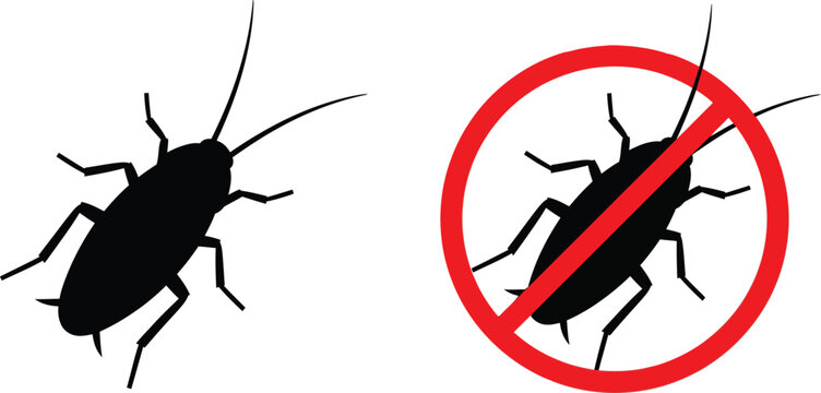  Cockroach silhouette vector set with black shapes of bugs and a red stop warning prohibition sign isolated on white background flat illustration
