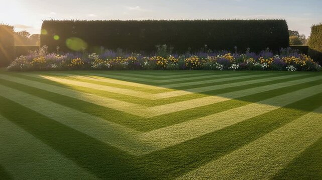 Patterned lawn with geometric stripes and flower borders. Landscape design with manicured grass and hedge in sunny garden. Professional yard maintenance concept.