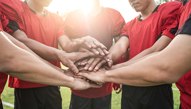 Young soccer team players in red jerseys huddling with hands stacked, showing unity and teamwork on a sunny field, sports motivation