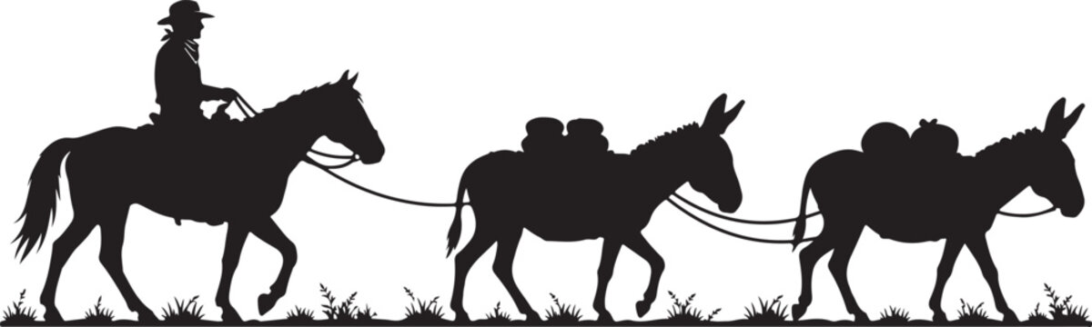 cowboy riding horse silhouette with donkeys donkey