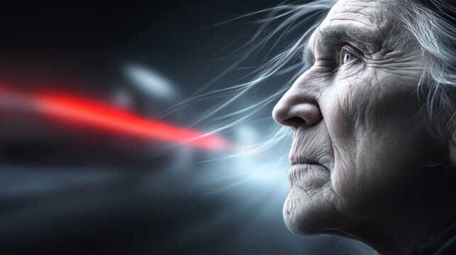 An elderly woman gazes in concentration as a beam of light shines past her in a dim environment