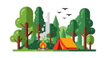 Camping scene with tent and campfire flat vector illustration © Sakib