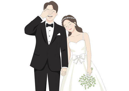 턱시도와 드레스를 입은 귀여운 신랑 신부 결혼식 웨딩 커플 일러스트 / タキシードとドレスを着た可愛い新郎新婦の結婚式ウェディングカップルのイラスト / Cute wedding couple illustration of bride and groom in tuxedo and wedding dress
