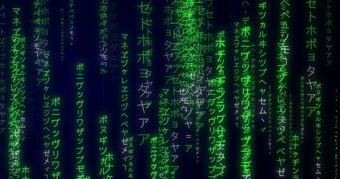 Neon Encrypted Digital Katakana Matrix Rain Japanese Text 4K. Dark technological backdrop evokes theme of Data Science, AI AGENTS, Communication. Ceaser text shown in e2e encryption. Sci-fi gaming bg 