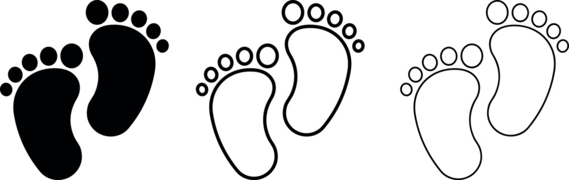 Cute baby footprint silhouette and outline vector illustration set newborn feet track icons isolated on white