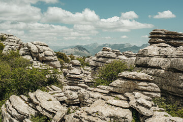 Eroded grey steep rock formations with some vegetation under a blue sky with some clouds. National Park of El Torcal de Antequera, Andalusia, Spain. © ysbrandcosijn
