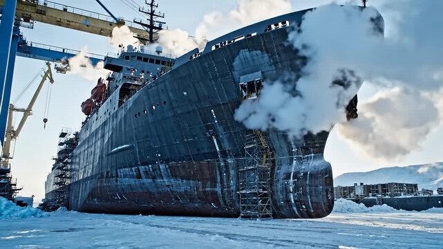 Massive Icebreaker Ship Hull Under Construction in Industrial Shipyard Amidst Snowy Conditions