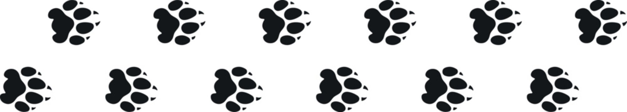 Animal paw print track vector illustration seamless border pattern path black feet shapes isolated on white