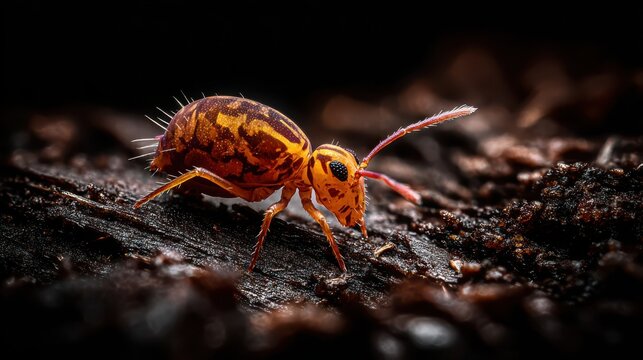 Detailed Macro Shot of a Tiny Orange Springtail Insect with Segmented Body Crawling on Dark Soil Surface