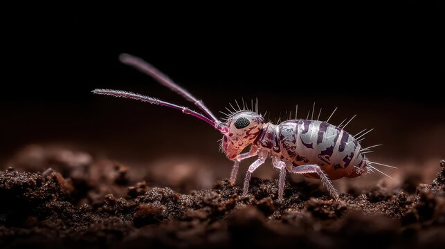 A translucent segmented springtail insect with long antennae and intricate body markings crawls on dark soil in a detailed macro photograph.