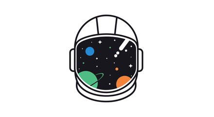 Minimalist outline illustration of an astronaut helmet featuring a colorful galaxy inside the visor. © Asmaul Husna