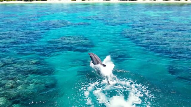 Irrawaddy Dolphin Breaches in Calm Tropical Bay, Aerial Drone View Captures Marine Grace