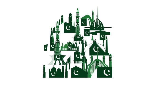 Pakistan Independence Day Creative Illustration Featuring Iconic Landmarks and National Symbols.