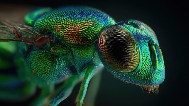 Close-up of an iridescent insect's compound eye showcasing intricate hexagonal texture and vibrant colors.