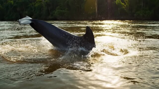 Irrawaddy Dolphin Breaches Surface of the Mekong River Amidst Lush Greenery and Golden Sunlight
