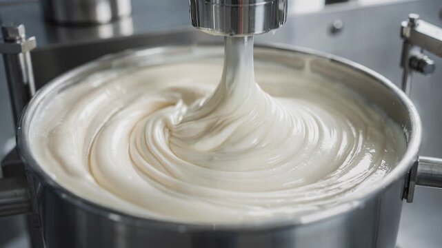 Intermediate shot focusing on the precise mixing of creamy paste conditioners highlighting texture development in a controlled manufacturing environment.