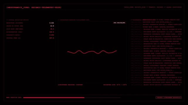 Futuristic Geodynamics Core Seismic Telemetry Desk Earthquake Monitoring UI Dashboard Screen Display.