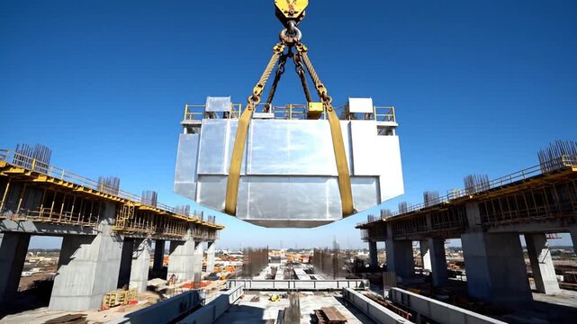 Massive industrial component suspended from crane hook during construction of a large structure