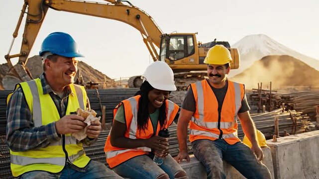 Construction workers enjoying a shared lunch break together on a sunny day at the work site