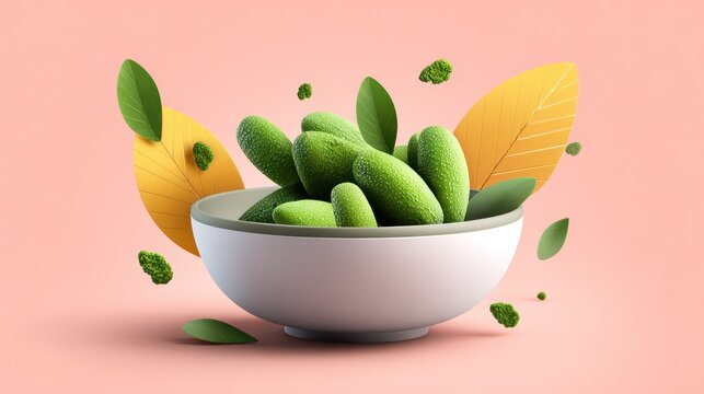 Green pods with decorative leaves float above a simple white bowl against a soft pastel background