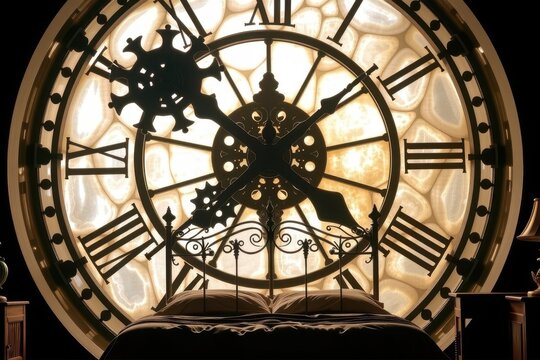 Grand clock with ornate Roman numerals glows warmly